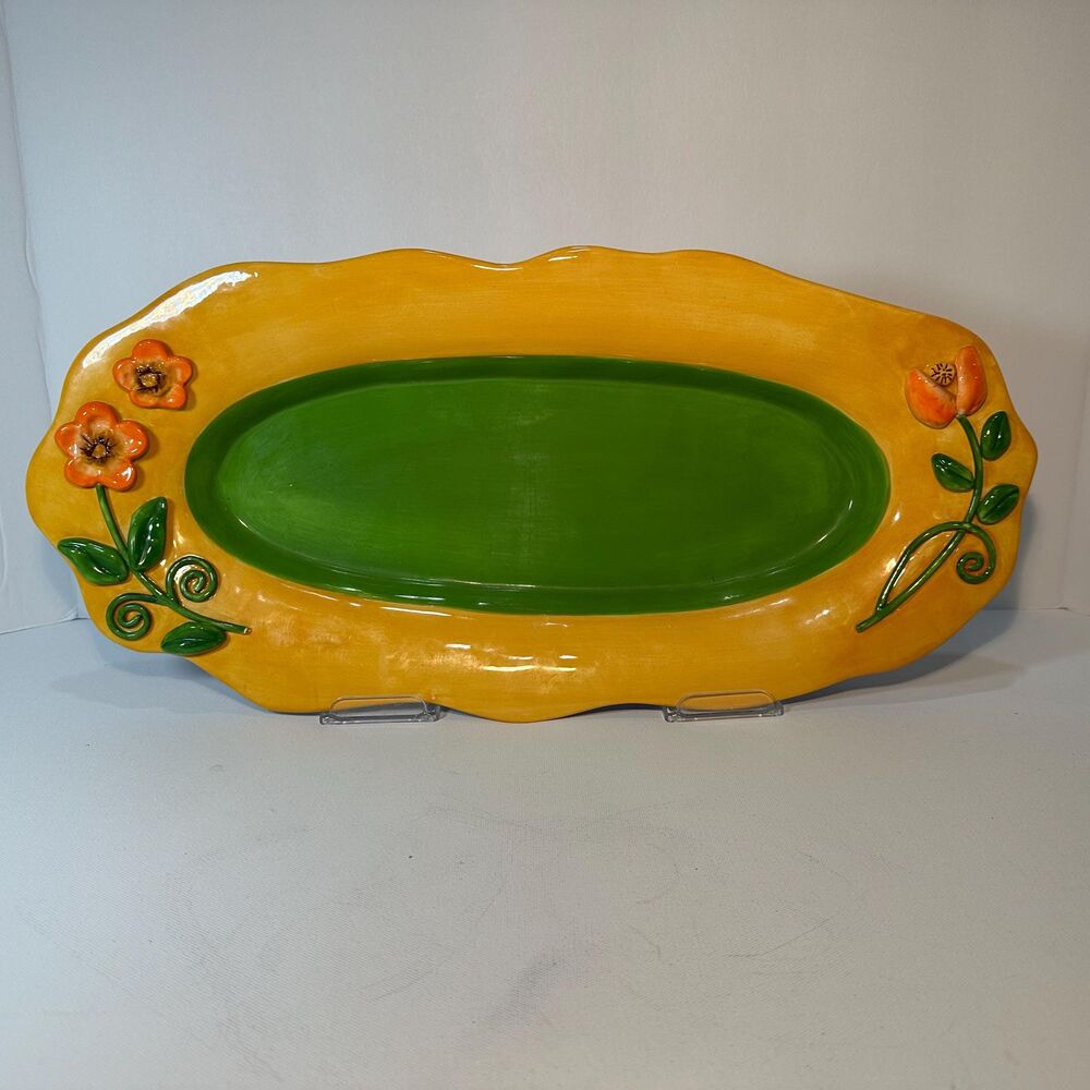 Foreside Long 19” Oval Pottery Tray Dish with Sculpted Flowers on Rim